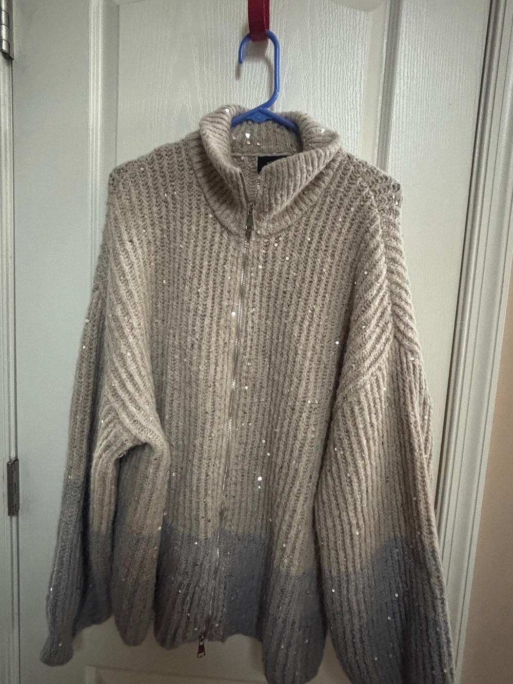 Vici Beige to Gray Ombre Sequined Rib-Knit Zip Cardigan